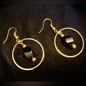 New Black Onyx within Circle of Gold Dangling Earrings Limited Edition
